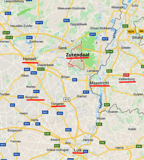 kaart Zutendaal in België op hoogte van Maastricht